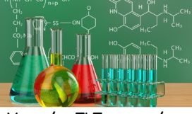 Chemical flasks and blackboard with formulas. 3d